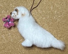 CLUMBER SPANIEL with a PINK  TEDDY BEAR - Part needle felted DOG