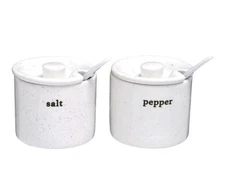 Sheffield Home Farmhouse Ceramic Salt and Pepper Cellar Set With Lids & Spoons 