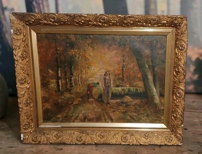 Philippe Fassiaux 1969 Huile sur toile Forêt Scène rurale Cadre doré - Photo 1/4
