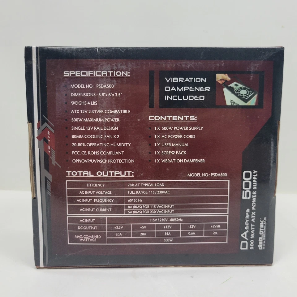 Diablotek DA Series 500 Watt ATX Power Supply PSDA 500 - Image 4 of 4
