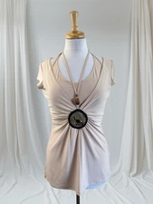 Beige Beaded Embroidered Halter Top L Y2K Ethnic Boho Hippie Indie Fairycore 90s