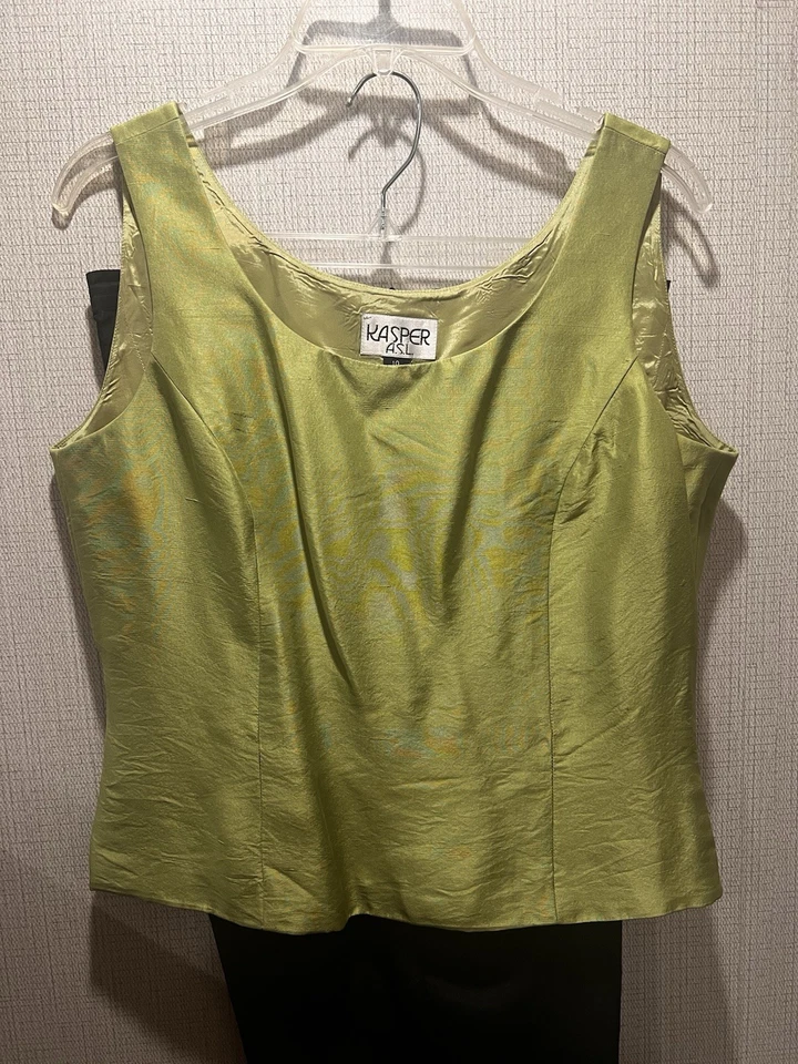 Kasper ASL Conjunto de Traje de 3 Piezas Blazer Pantalones Concha Verde Negro 10 Conjunto de Fiesta de Vacaciones Foto 2 de 4