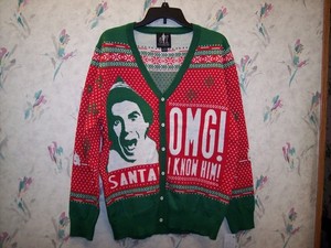 ELF THE MOVIE BUDDY ELF "SANTA OMG I KNOW HIM" MENS CARDIGAN SWEATER LARGE NEW