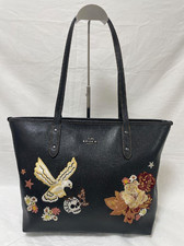 Vintage COACH schwarze Leder City Tasche mit Tattoo Totenkopf & Blume