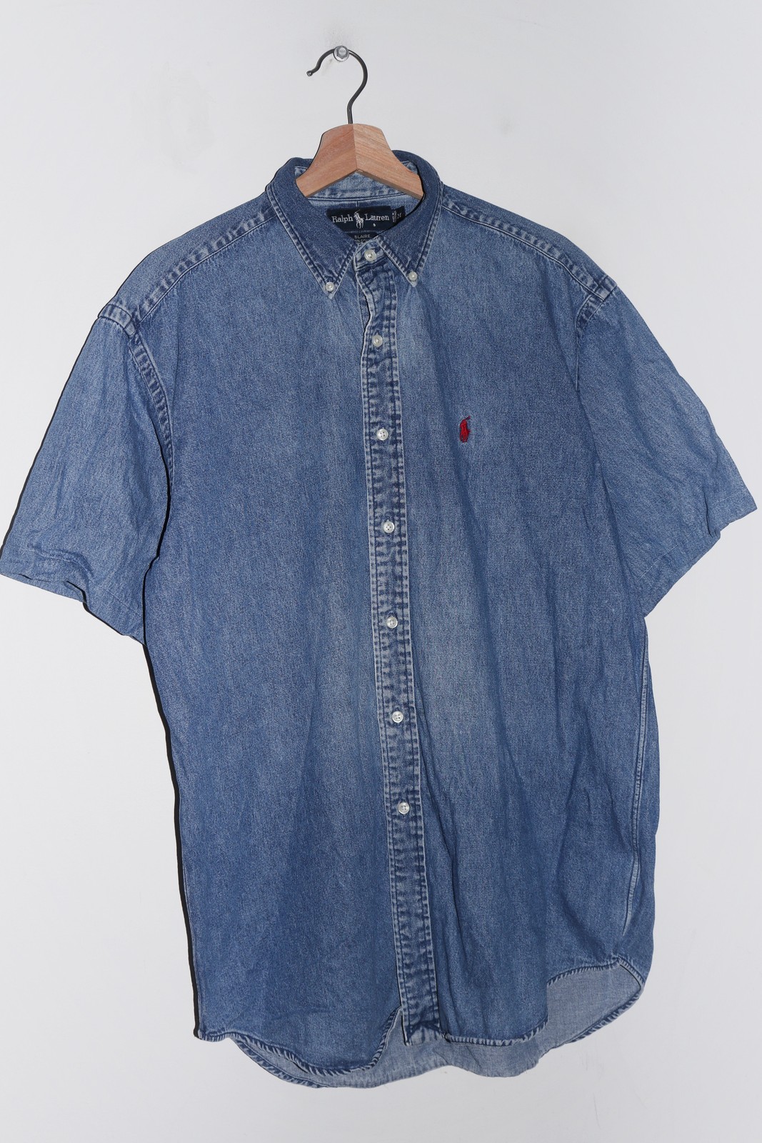 Vintage Polo Ralph Lauren Embroidered Logo Thick Denim Short Sleeve Shirt (XL)