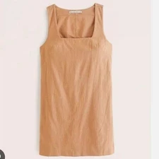 Abercrombie Fitch Women Linen Square Neck A Line Mini Dress Shift Tan Brown M
