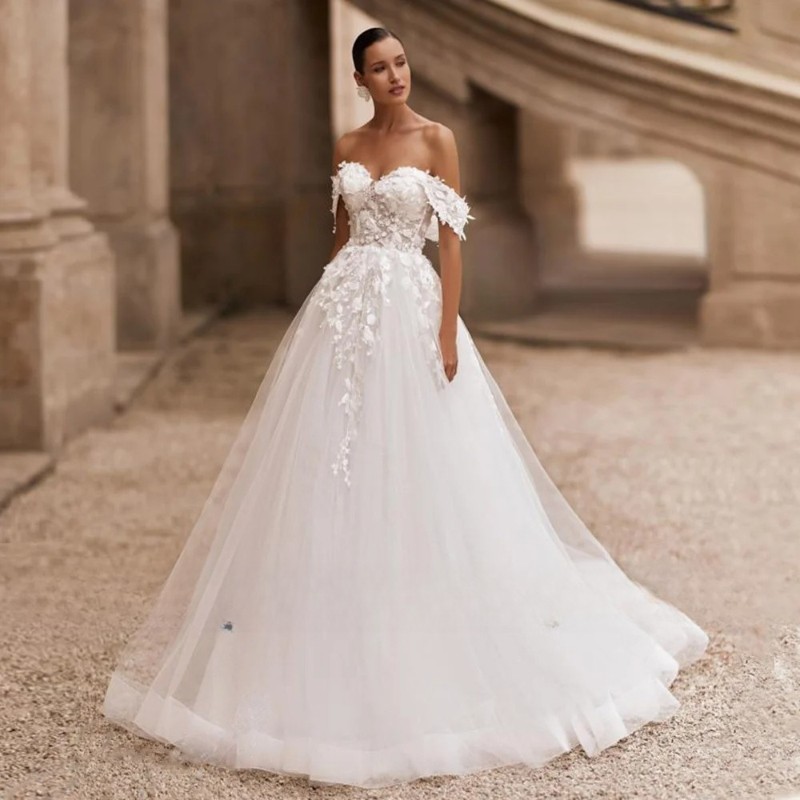 See Through Wedding Dress Off Shoulder Applique A Line Bridal Gown Sweep  Train | eBay