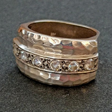 Modernist Sterling Silver Wide Band Ring Hammered Natural Crystal Statement VTG