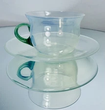 Mint Fry Foval Cup & Saucer Green Handle Opaline Art Glass Circa 1920's