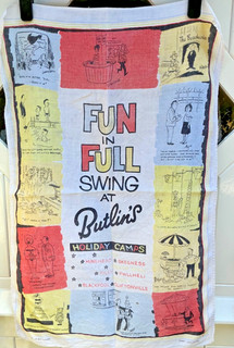 Vintage 50er/60er Butlin's Holiday Camps Cartoon Leinen Geschirrtuch 2 kleine Löcher