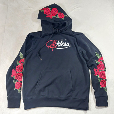 Young & Reckless Men s Black Pullover Hoodie Rose Embroidered Sleeves Size L
