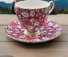 Shelley Red Tapestry Rose Chintz  Footed Cup and Saucer Fine Bone China #14284