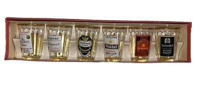 6er Set Vintage Spirituosengläser mit Spirituosenetiketten verpackt aus den 70er Jahren sehr guter Zustand