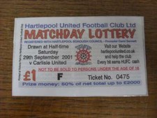 29/09/2001 Matchday Lottery Ticket: Hartlepool United v Carlisle United