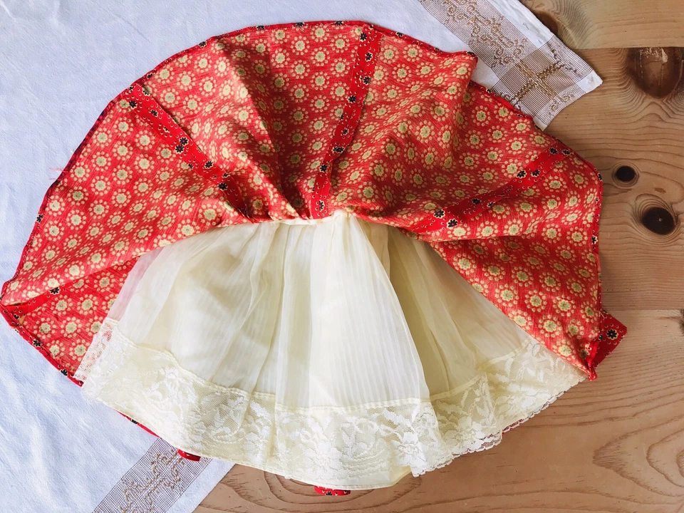 Vintage Handmade Circle Skirt Girls German Style Red Flowers Lined 5/6/7 Yrs - Photo 4/4
