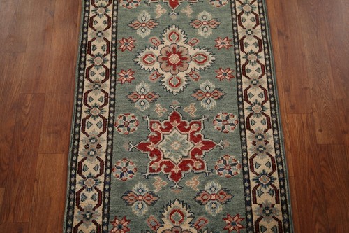 Green/ Ivory Super Kazak Floral Oriental Hallway Rug Handmade Runner 2'x6' - Picture 3 of 12