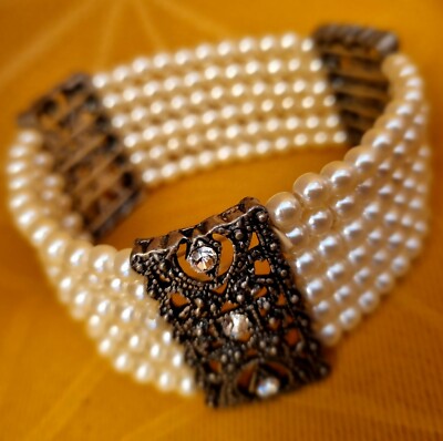 Bracelet Esprit Romantique - Métal Argenté Vieilli, Strass Et Perles - Longueur 19-20cm