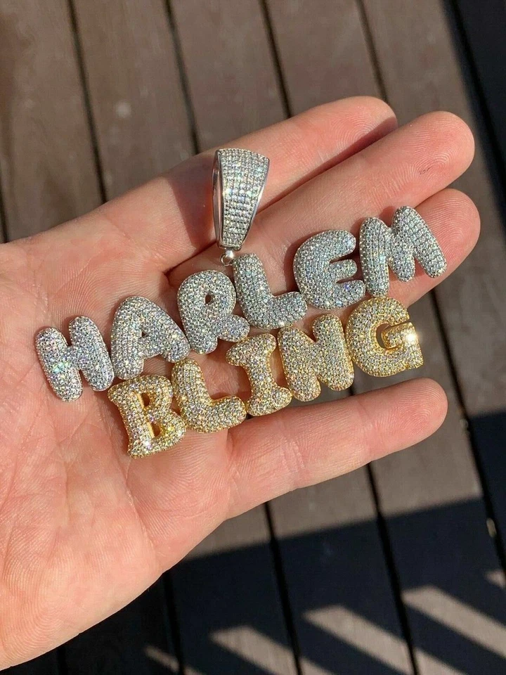 PLATA 925 MACIZA Personalizado Burbuja Letras Nombre Colgante Burbuja Circonita Helada Hombres Damas Foto 2 de 4
