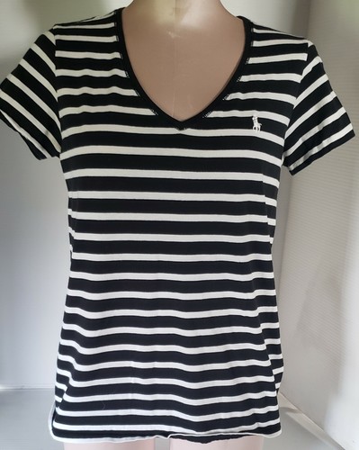 RALPH LAUREN POLO V-Neck T-Shirt Womens Size Medium Black u0026 White Stripe |  eBay