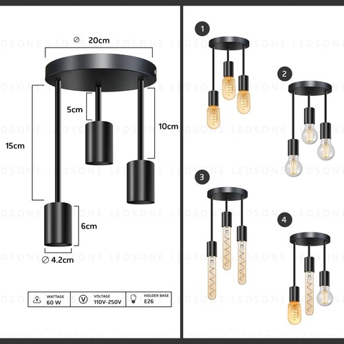 Lámpara de techo de montaje empotrado para interiores negra moderna de 3 vías E27 LED bombilla lámparas de montaje - Imagen 14 de 30
