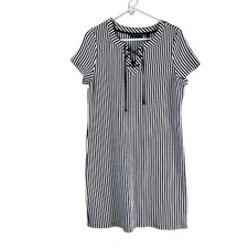 C Wonder Dress Womens Size M Navy White Striped Lace Up Textured Shift Nautical
