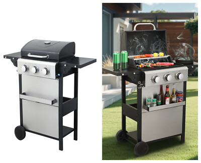 3-Burner Propane Gas BBQ Grill 25650BTU with Foldable Side Table+Spice Rack