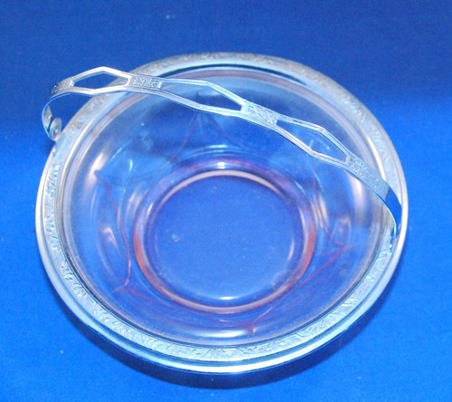 Vintage pink etched depression glass silver rim basket bowl 6" diameter - Picture 4 of 4