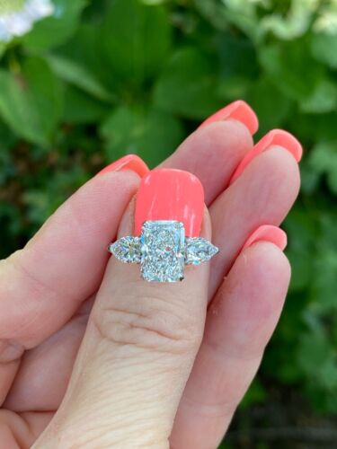 Bague de fiançailles 3 pierres IGI 2,72 ct E-VS1 laboratoire cultivé taille radiante diamant or 14 carats - Photo 12 sur 16