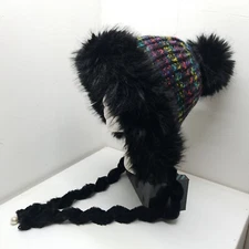 Black Knit Multicolor Hat Faux Fur Trim Fluffy Winter Warm Cute