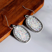 Vintage Boho Large Drop Earrings Inlaid Synthetic Gems Statement Hook Earrings