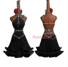 Women Latin Dance Dress Salsa Tango Chacha Ballroom Back Competition Dress Black