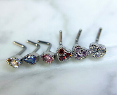 6pc Teardrop & Heart CZ Gem L-Bend Nose Rings – 20g Surgical Steel, Value Pack
