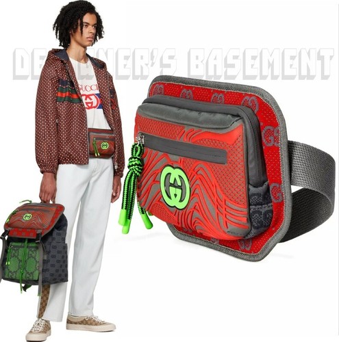 GUCCI gray red green GG nylon/rubber zip Crossbody 100 Waist Fanny belt BUM bag - Picture 2 of 10