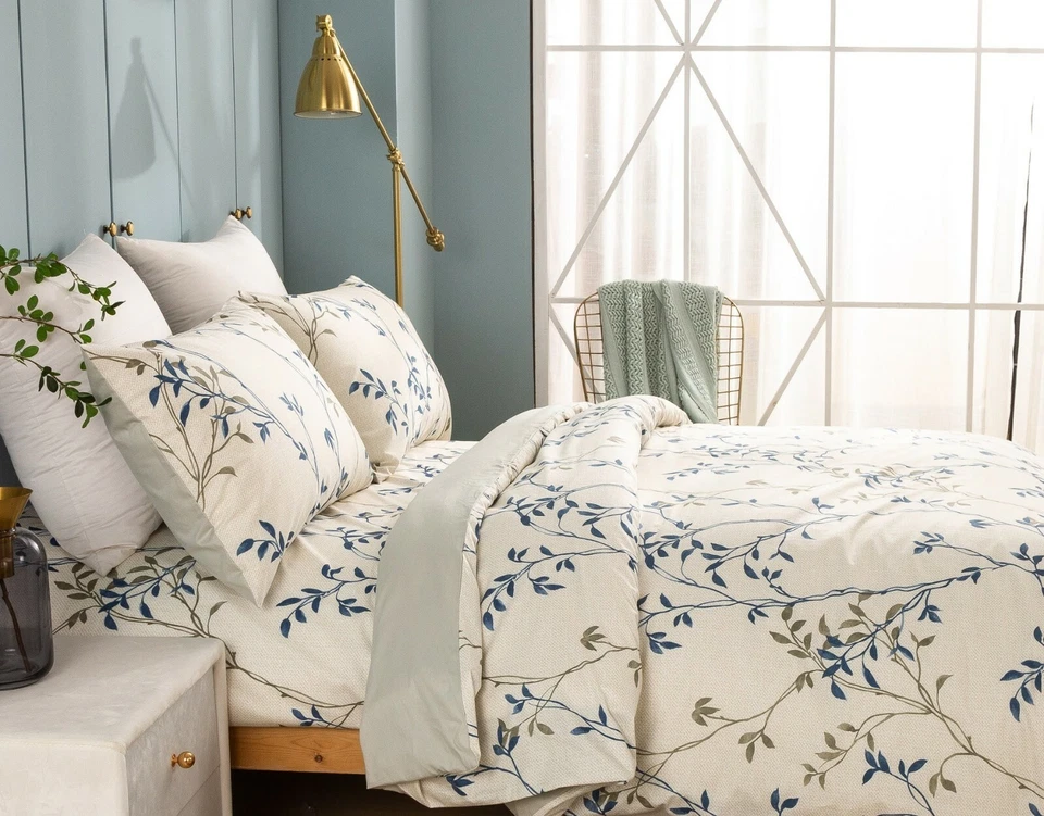 Funda nórdica Tache popelina algodón elegante hoja vid beige crema estampado reversible Foto 3 de 4