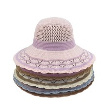 Women Knitted Flower Sun Hat Cotton Linen Wide Brim Bucket Cap Summer Beach