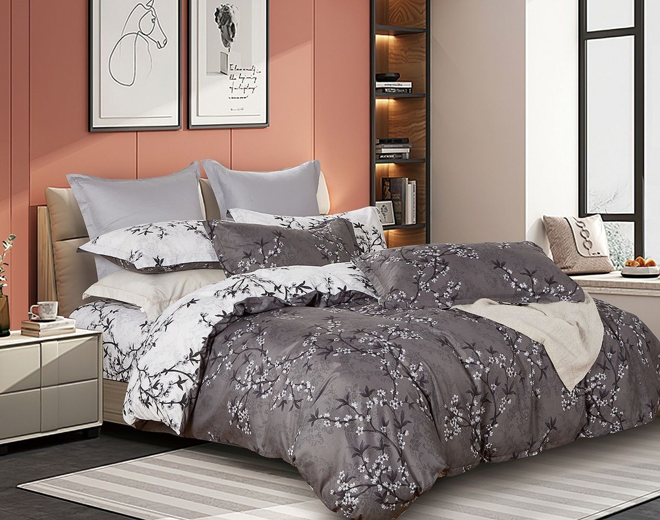 Iyanu Polyester Grey Floral Quilt Doona Duvet Cover Set Super King eBay