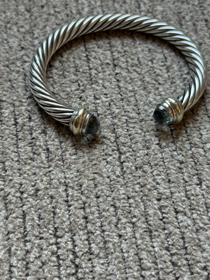 Brazalete David Yurman con cable de topacio azul de oro amarillo de 14 k de ley de 7 mm #S2810-4 Foto 4 de 4