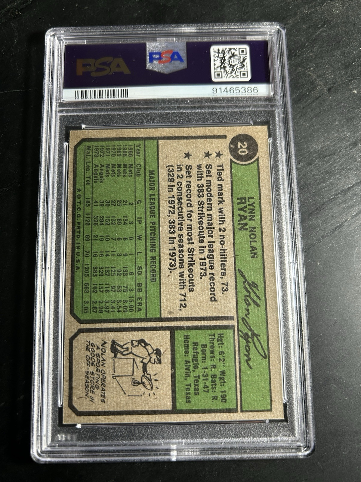 1974 Topps #20 Nolan Ryan PSA 6 California Angels HOF Centered view 2