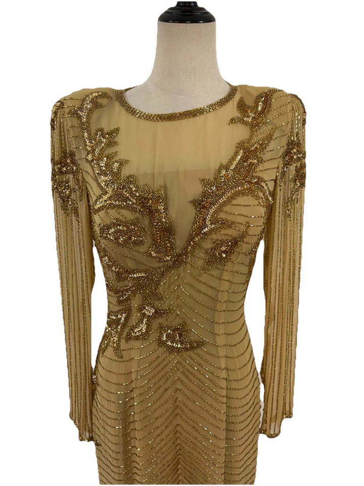 Vestido De Colección Años 80 AJ Bari Dorado Seda Cuentas Talla 8 Formal Gala Glam Fiesta  Foto 2 de 4