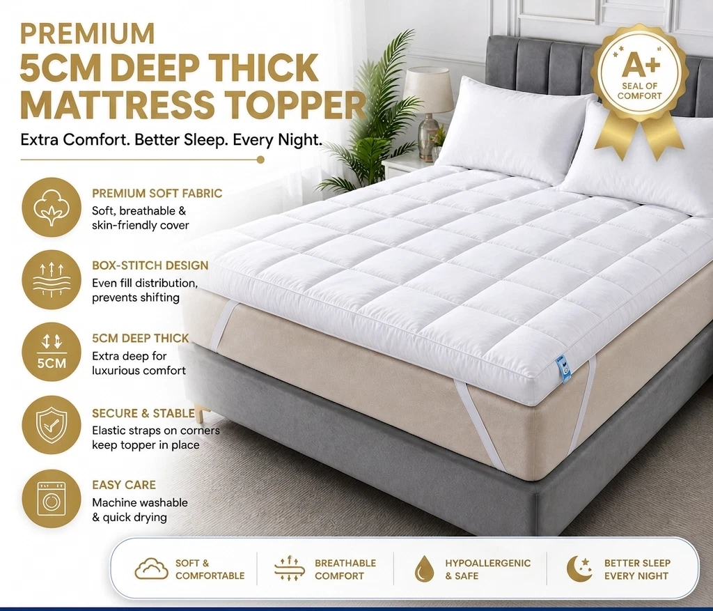 Mattress Topper 5cm Microfiber Quilted Box Stitch Hotel Quality All Sizes.
Opens in a new window or