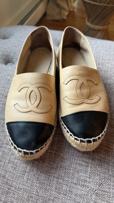 Chanel Beige and Black Leather Espadrilles