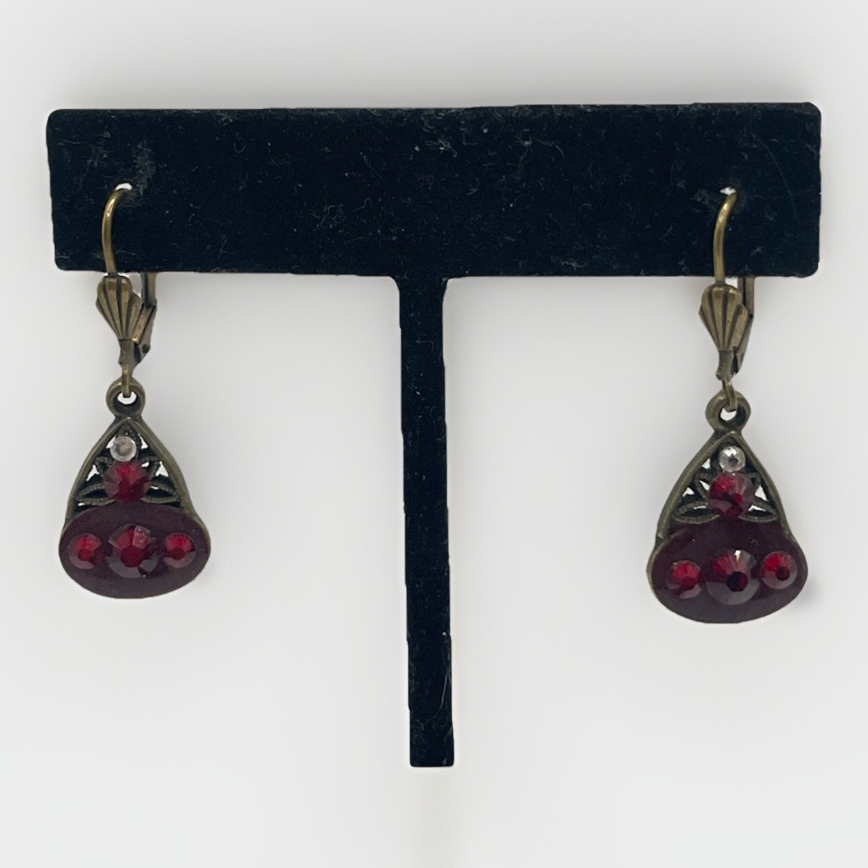 Vintage Ruby Red Crystal Dangle Drop Earrings Bra… - image 12