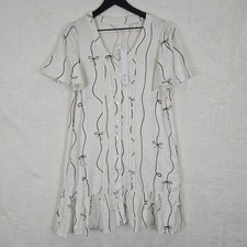 Jane + Delancey Bow Print Linen Blend Button Mini Dress Cream Black XS New