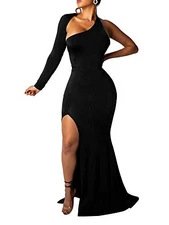 BEAGIMEG Womens Elegant One Shoulder Backless Evening Long Dress Black - Size S