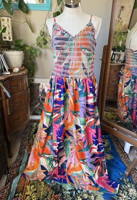 Truly4You Vibrant Tropical floral Smocked Maxi Dress, Plus Size 3X