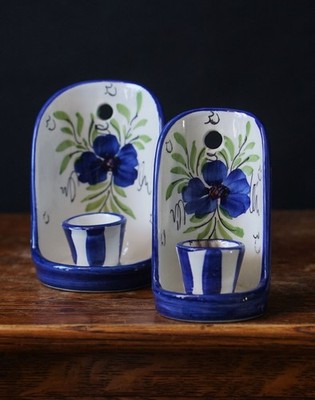 Vintage Spanische Keramik Wandkerzenständer Handbemalt Blau Blumen Paar