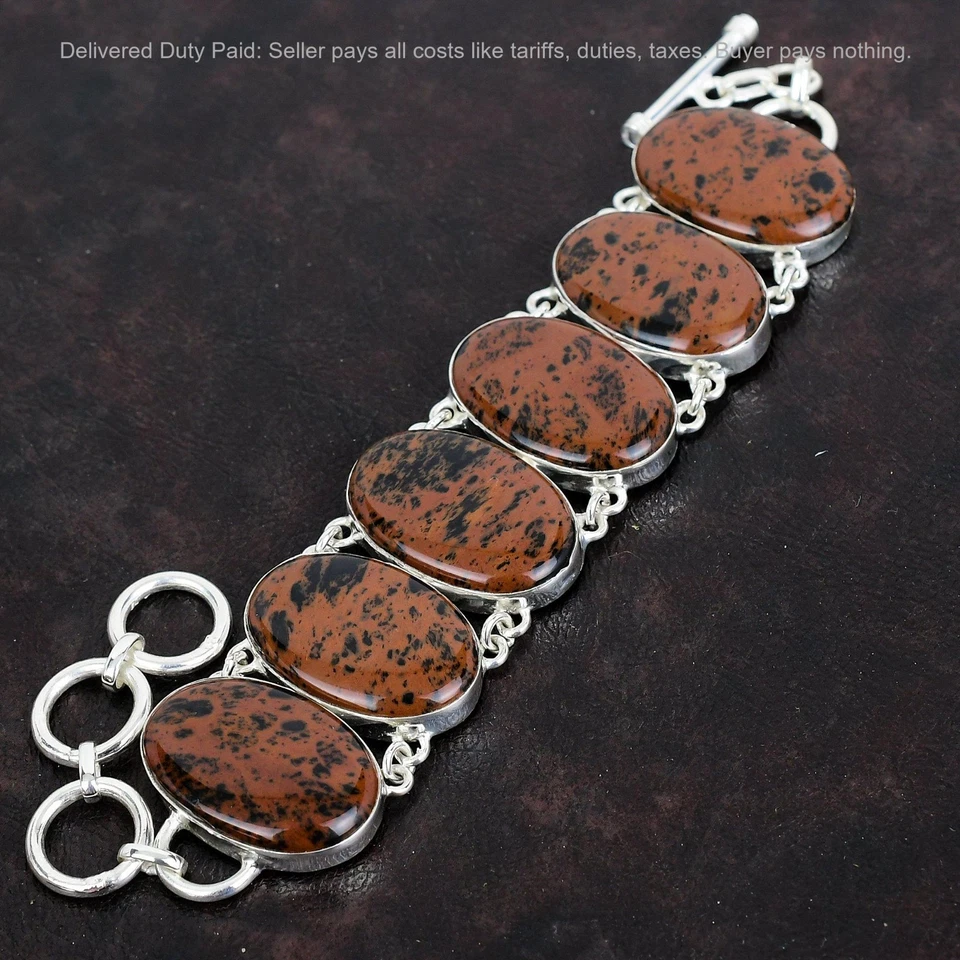 Brazalete de obsidiana de caoba de plata de ley 925 ajustable de piedras preciosas reales Foto 4 de 4