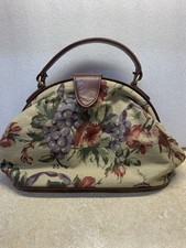Talbots Vintage Tan Floral Tapestry Top Handle Handbag Purse Leather Trim