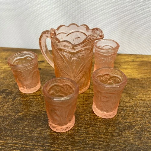 Vintage Summit Pink Depression Glass Mini Childrens Pitcher & 4 Tumblers Set