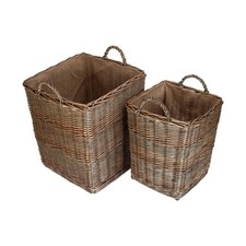 Image of Tall Square Lined Wicker Log Basket With Hessian Lining